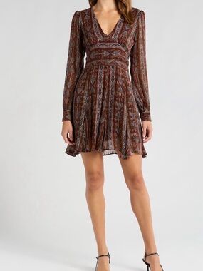 Paige Bucatini Bohemian V-Neck Long-Sleeve Mini Dress in Brown Print